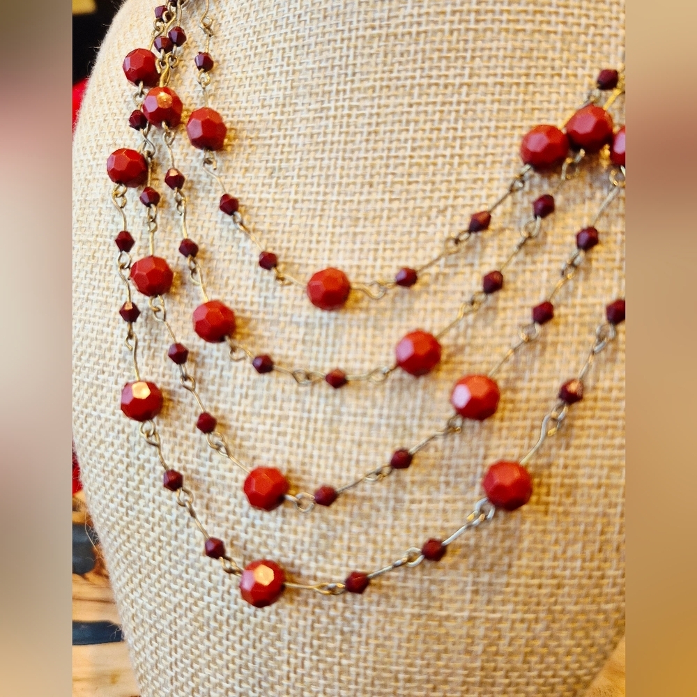 Red Orange Light Weight Delicate Beaded Necklace Long 66 Inches Total Length